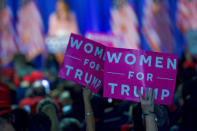 Supporters wave "Women For Trump" posters while Melania Trump, wife to the Republican Presidential nominee Donald Trump, holds an event at Main Line Sports Centre in Berwyn, Pennsylvania, U.S. November 3, 2016. REUTERS/Mark Makela/Files