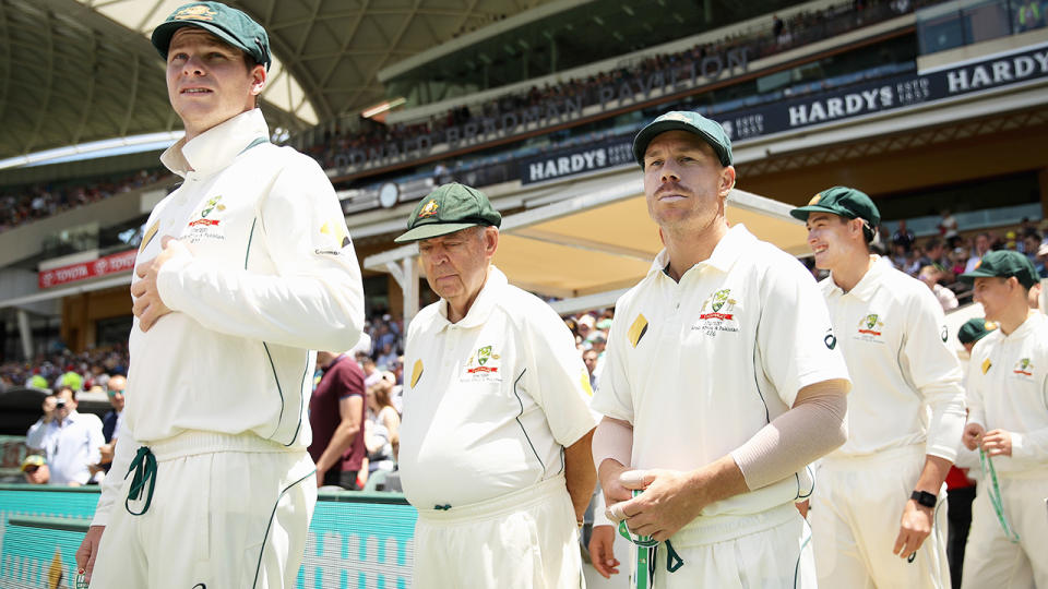 Steve Smith and David Warner are pictured walking out ahead of a 2018 Test match against South Africa.