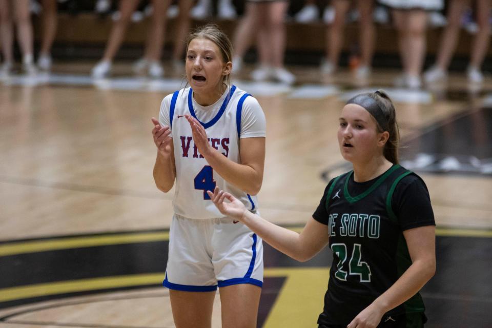 Seaman's Jaida Stallbaumer reacts to a call made against De Soto during the quarterfinals in Emporia on Thursday, March 7, 2024.