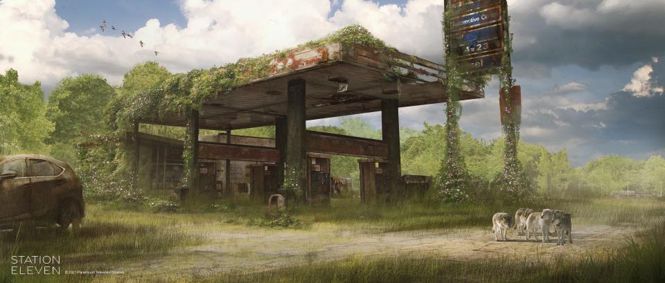 concept art showing an overgrown gas station, covered in floral vines all over the canopy, the sign, the pumps. everything is lush and green, with even grasses sprouting out of the cracked pavement. to the left, there's a derelict SUV, also sprouting plants. birds fly overhead