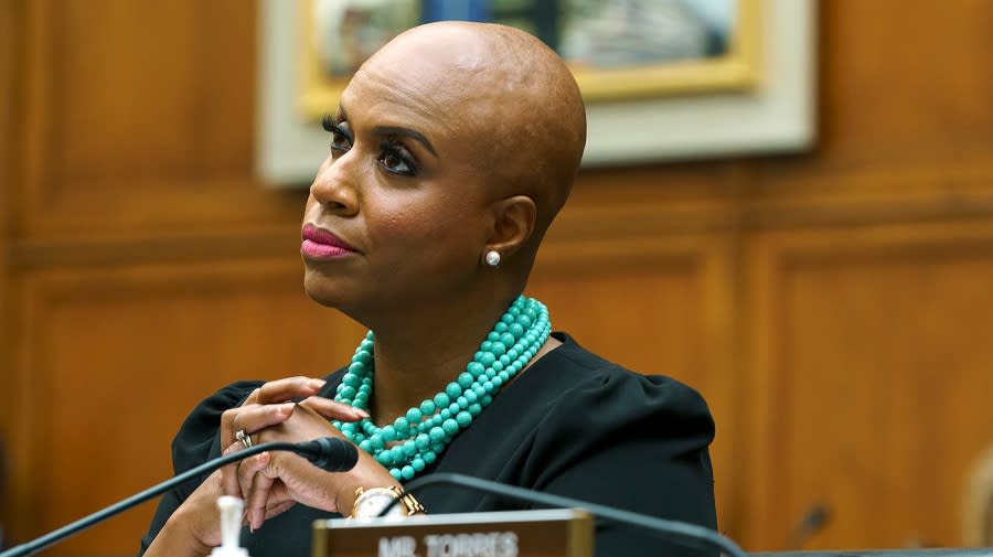 Rep. Ayanna Pressley (D-Mass.) is seen during a House Financial Services Committee hearing to discuss the Semiannual Monetary Policy Report to Congress on Thursday, June 23, 2022.