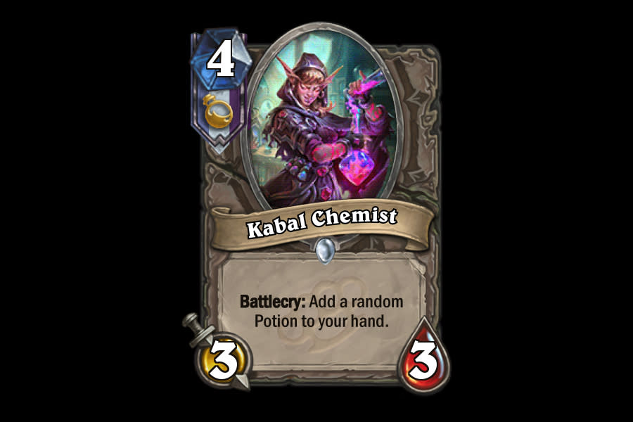 <p>Note that this Chemist doesn't have Discover — she just hands you a Potion and heads off to the board. Depending on which Potion you're given, she could outright win the game for you. But if you get the wrong one, she's just an overpriced 3/3. </p>