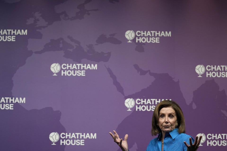 The Speaker of the United States House of Representatives, Nancy Pelosi, speaks at Chatham House, the Royal Institute of International Affairs, in London, Friday, Sept. 17, 2021. (AP Photo/Frank Augstein)