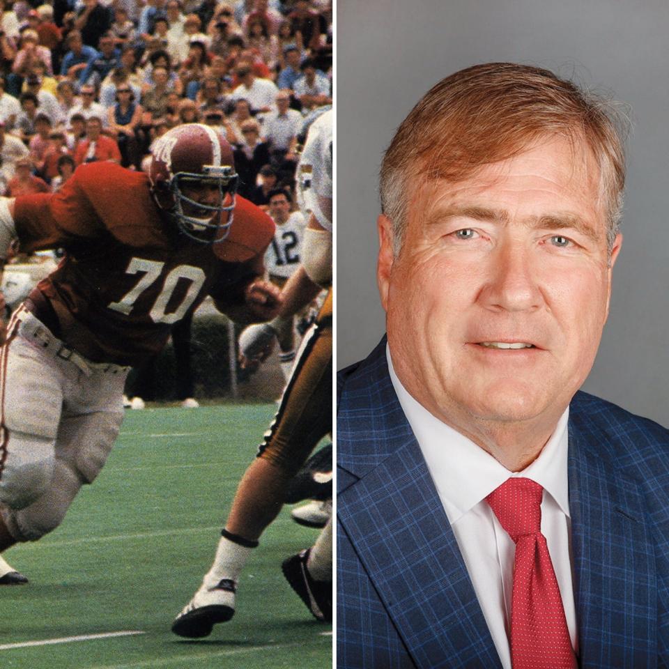 UA System Trustee Mike Brock as an offensive lineman for Alabama football (left) and Brock in a more recent photo (right).