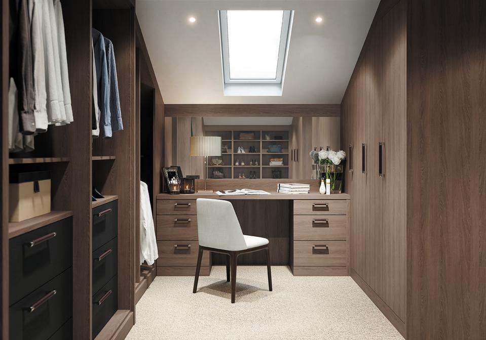 Walk-in closet with dressing table in grey oak finish