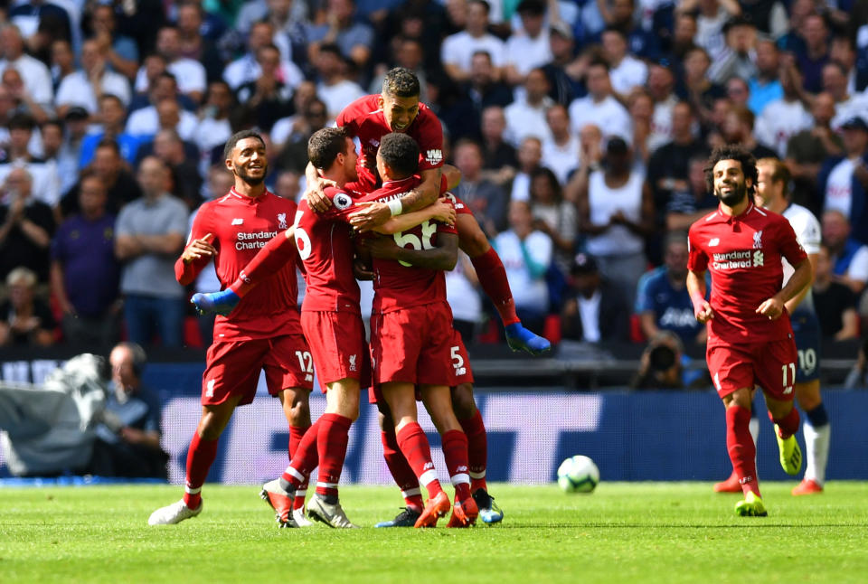 Liverpool celebrate Georginio Wijnaldum’s opening goal at Wembley