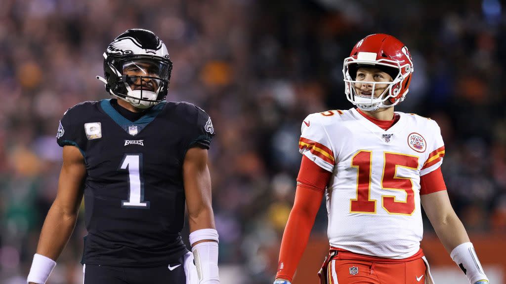 file photo editors note composite of images image numbers 1445115801, 1195611619 gradient added in this composite image a comparison has been made between quarterback jalen hurts 1 of the philadelphia eagles l and quarterback patrick mahomes 15 of the kansas city chiefs r they will meet in super bowl lvii on february 12,2023 at state farm stadium in glendale, arizona left image philadelphia, pa november 27 jalen hurts 1 of the philadelphia eagles looks on against the green bay packers at lincoln financial field on november 27, 2022 in philadelphia, pennsylvania photo by mitchell leffgetty images right image chicago, illinois december 22 patrick mahomes 15 of the kansas city chiefs walks across the field in the third quarter against the chicago bears at soldier field on december 22, 2019 in chicago, illinois photo by dylan buellgetty images