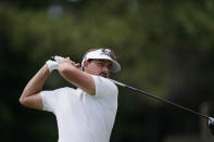 Hank Lebioda drives off the fourth tee during the third round of the Rocket Mortgage Classic golf tournament, Saturday, July 3, 2021, at the Detroit Golf Club in Detroit. (AP Photo/Carlos Osorio)