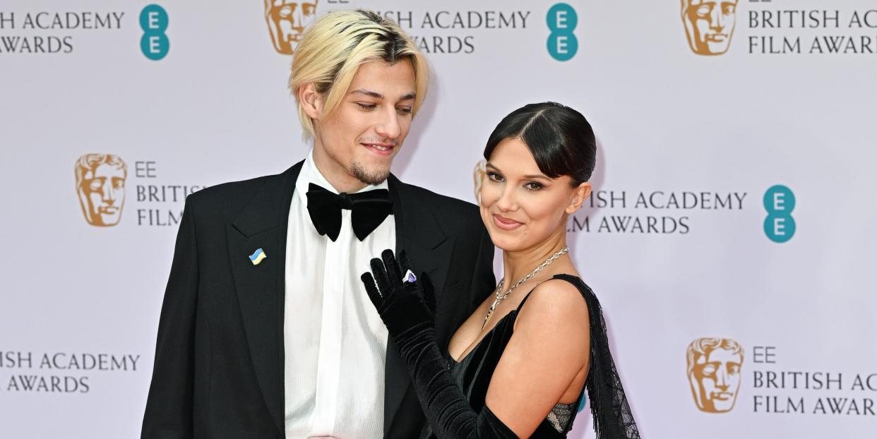 london, england march 13 jake bongiovi and millie bobby brown attend the ee british academy film awards 2022 at royal albert hall on march 13, 2022 in london, england photo by stephane cardinale corbiscorbis via getty images