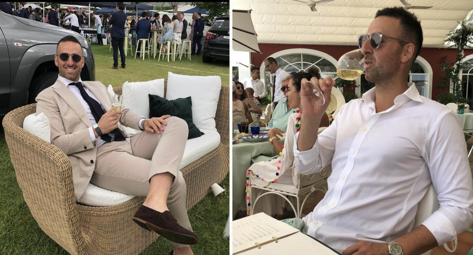 Mr Moussi sitting on a couch (left) and drinking a glass of wine (right)