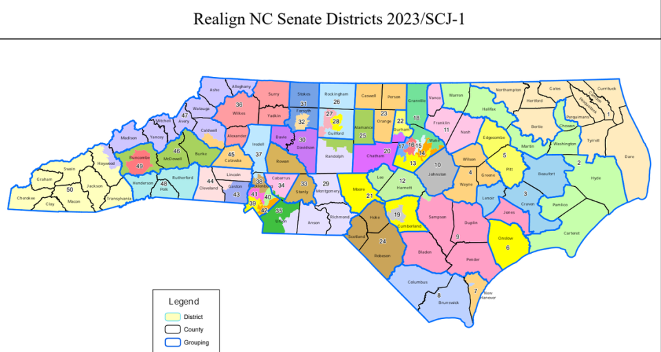 A redistricting plan for the North Carolina Senate, proposed Oct. 18, 2023.