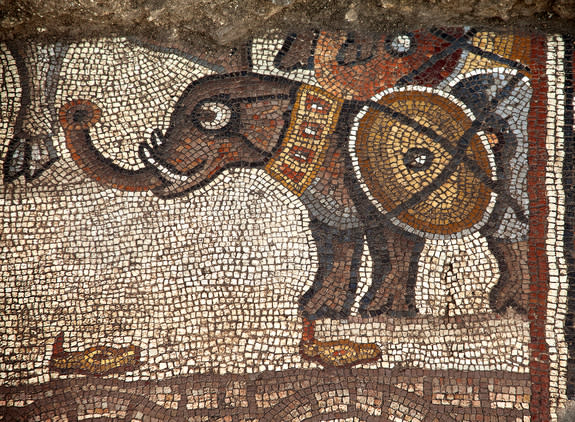 A section of the mosaic showing an elephant discovered in 2013. This section is part of the larger mosaic exposed in summer 2015.
