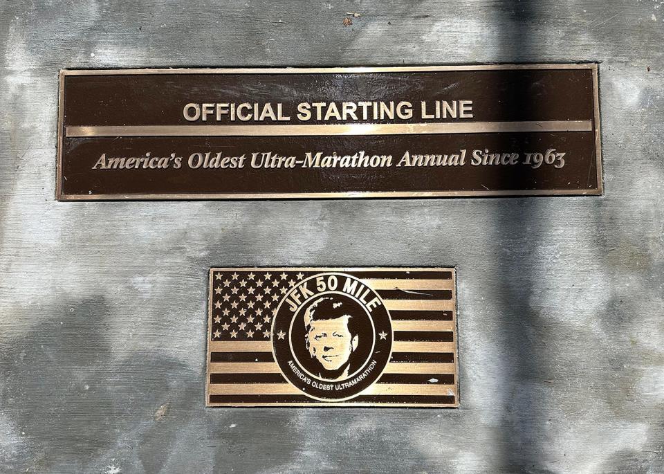 Plaques were unveiled on sidewalks in downtown Boonsboro, commemorating the JFK 50 Mile.