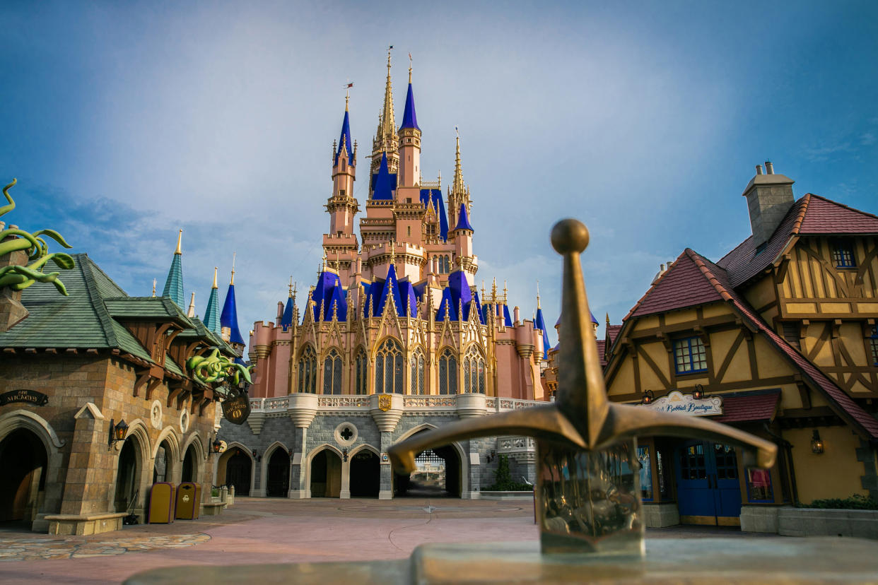 LAKE BUENA VISTA, FL - JUNE 30: In this photo provided by Walt Disney World Resort, Cinderella Castle inside Magic Kingdom park is currently undergoing a royal makeover, with work almost complete on June 30 June 2020 in Lake Buena Vista, Florida.  Once completed, the icon will feature bold, shimmering and regal upgrades, including sapphire on blue roofs and gold trim.  The Walt Disney World Resort theme parks begin their phased reopening on July 11, 2020. (Photo by Olga Thompson/Walt Disney World Resort via Getty Images)