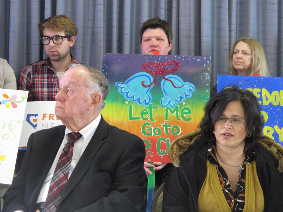 Reno Mayor Bob Cashell, left, and Patricia Vazquez, a board member of the American Civil Liberties Union of Nevada, await their turn to speak Thursday, Feb. 13, 2014, at a news conference in the parish offices of the Trinity Episcopal Church announcing the launch of a campaign to change the state constitution to allow same-sex marriages. Married to the same woman for 49 years, Cashell said he can't imagine someone telling him he couldn't marry the person he loves. (AP Photo/Scott Sonner).