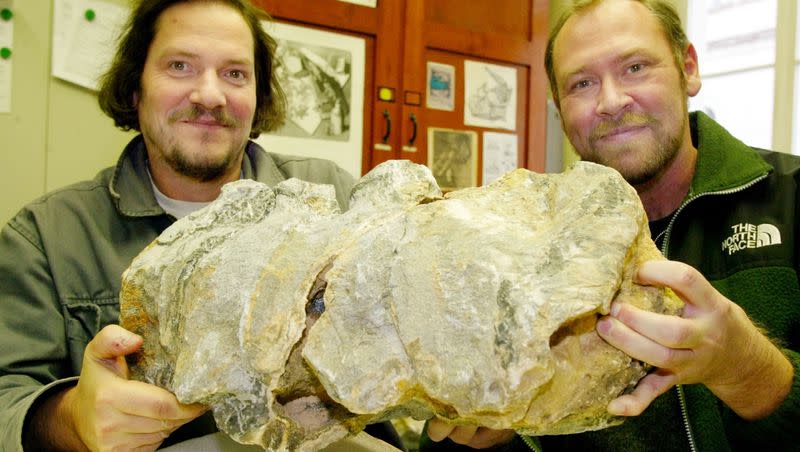 German palaeontologists Eberhard Frey, left, and Wolfgang Stinnesbeck hold a spinal fragment from a pliosaur known as Liopleurodon ferox in the Natural History Museum in Karlsruhe, southern Germany on Tuesday, Jan. 7, 2003. The pliosaur, with a head the size of a car, is thought to be the largest predator of all time and lived some 120 million years ago.