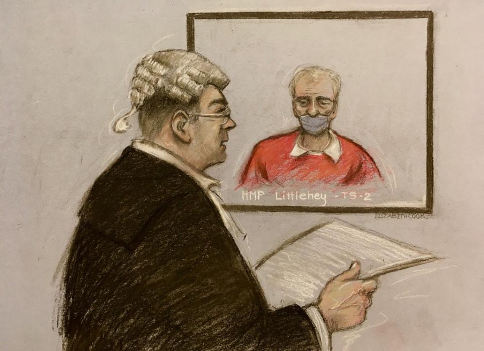 Barry Bennell being questioned via video link by James Counsell QC at the High Court in London (Elizabeth Cook/PA) (PA Wire)