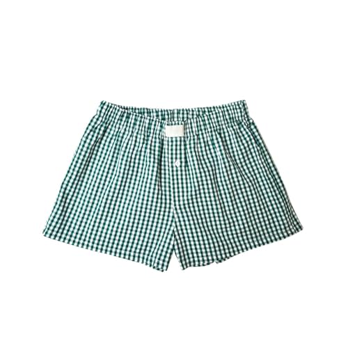Y2k Women Plaid Gingham Boxer Shorts Button Elastic Waist Micro Boxers Cute Mini Bloomers Loose Fit Pajamas Boy Shorts Going Out Streetwear (Green, M)