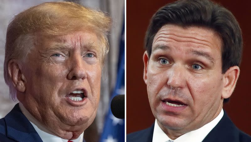 This combination of the photos shows former President Donald Trump, left, and Florida Gov. Ron DeSantis, right.