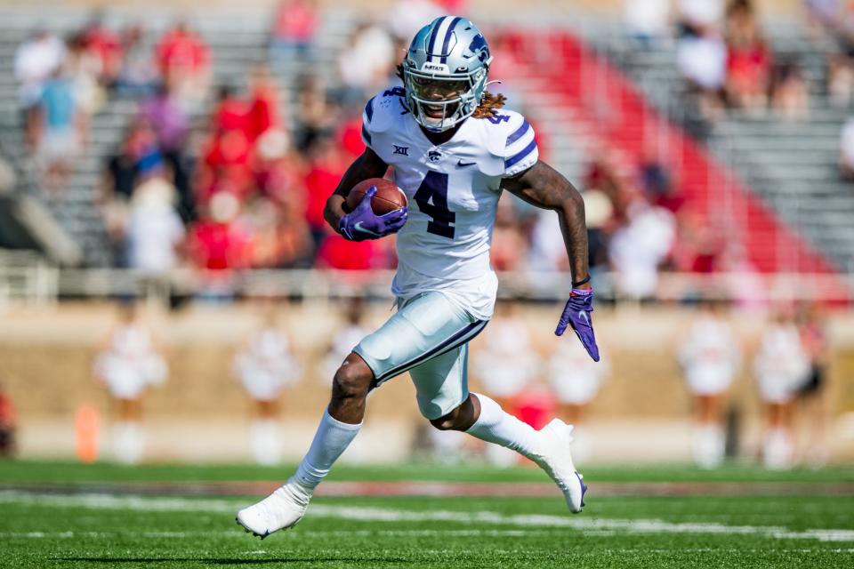 Kansas State wide receiver Malik Knowles (4) has three career kickoff-return touchdowns. Two came in back-to-back weeks last season against Oklahoma State and Oklahoma.