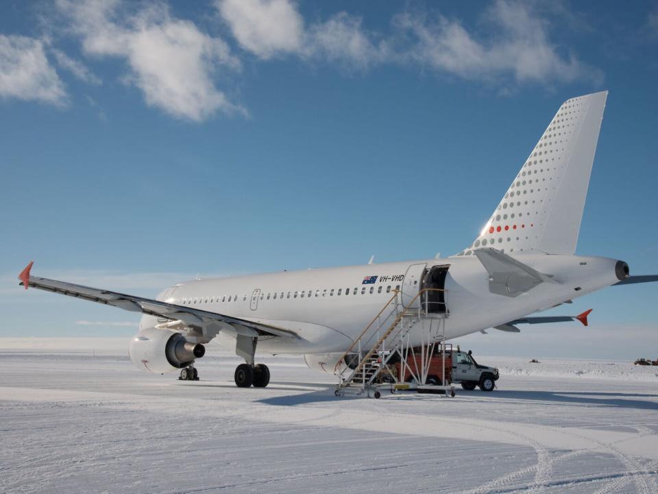 An A319 operated by Skytraders on a runway in Antarctica.