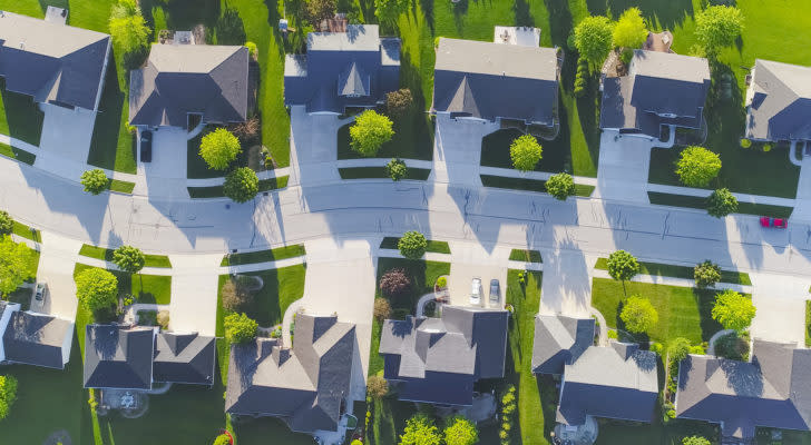 An aerial view of an idyllic neighborhood street