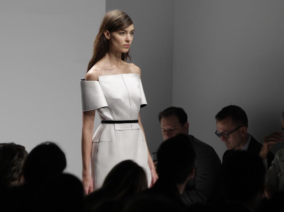 A model wears a design from the Calvin Klein Spring 2013 collection at Fashion Week in New York, Thursday, Sept. 13, 2012.  (AP Photo/Kathy Willens)