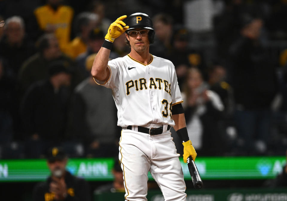 Drew Maggi waved to Pirates fans before stepping into the box for his first MLB at-bat.  (Photo by Joe Sargent/Getty Images)