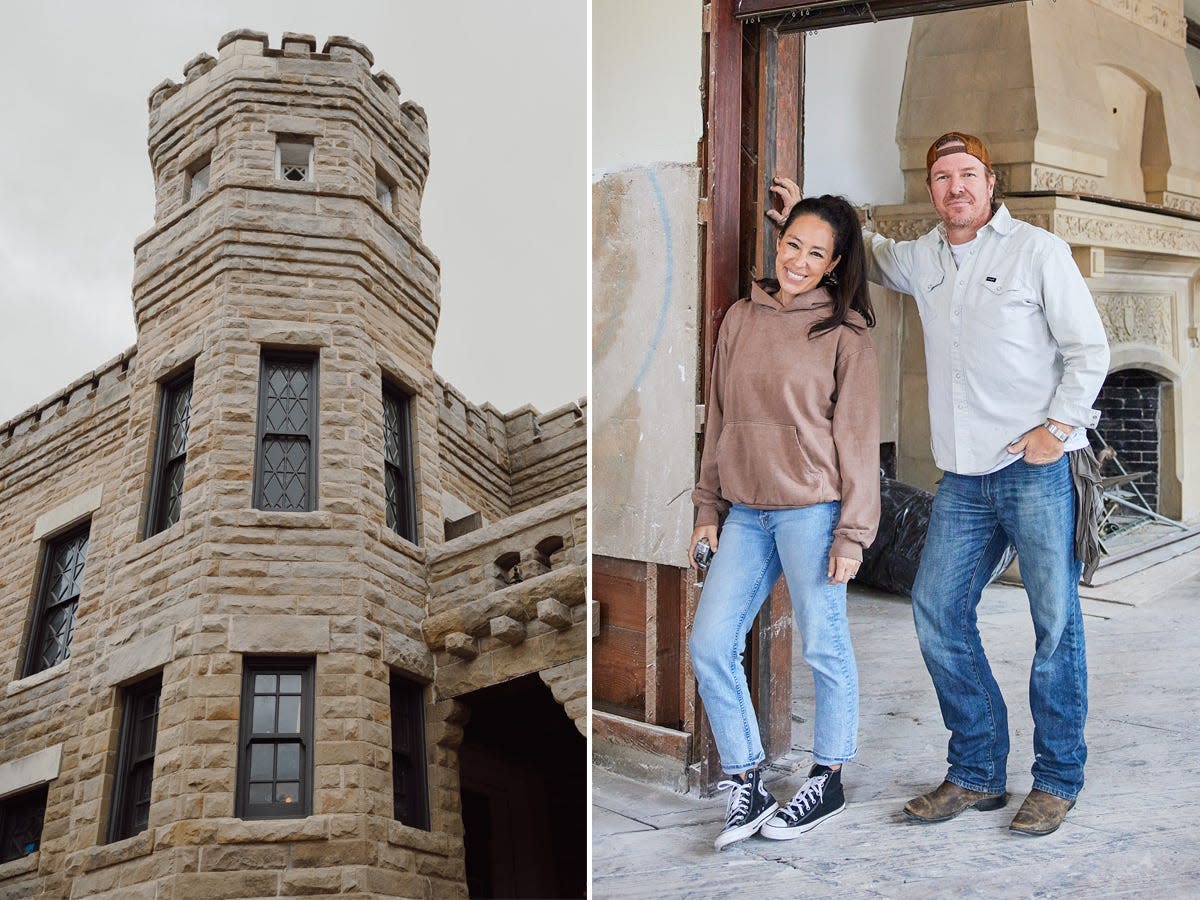 A side-by-side of a castle and Chip and Joanna Gaines.