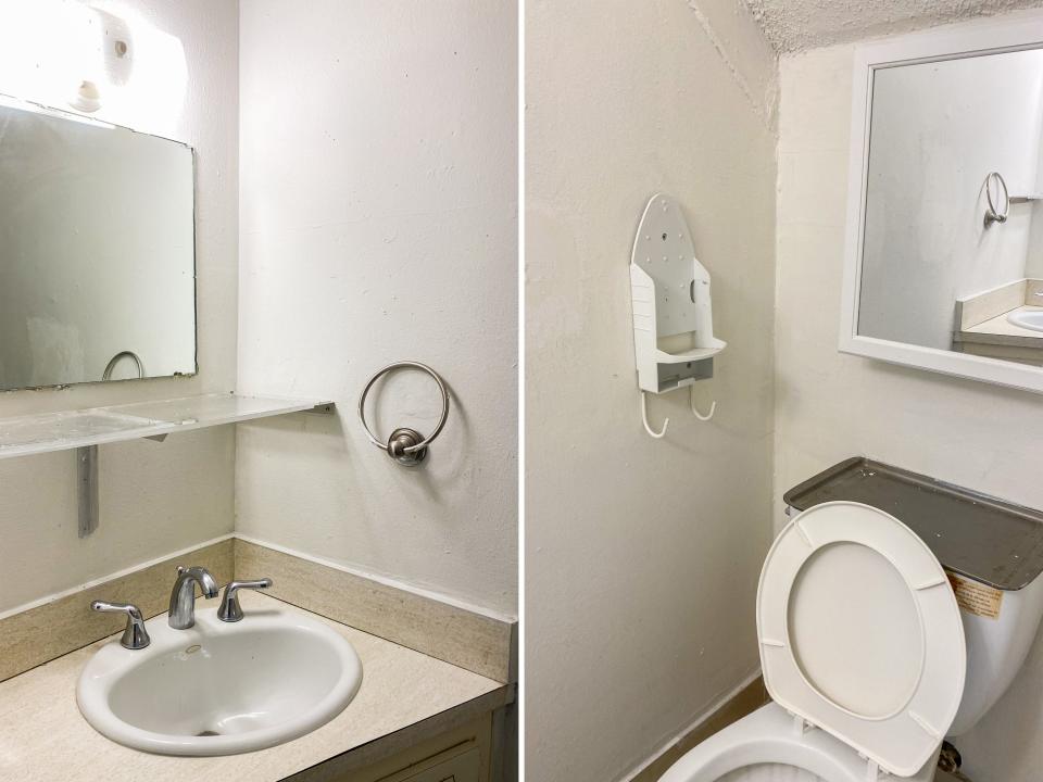 side by side photos show a half bath in the Miami apartment