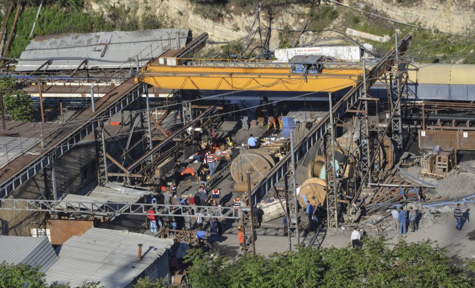 People gather at a mine in the Soma district in the western Turkish province of Manisa on May 13, 2014, after it collapsed due to an explosion following an electric fault. (STRINGER/AFP/Getty Images)