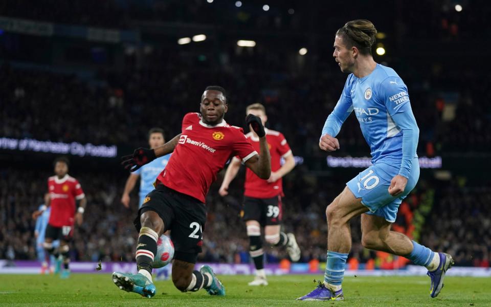 Manchester United's Aaron Wan-Bissaka during the English Premier League soccer match between Manchester City and Manchester United - AP