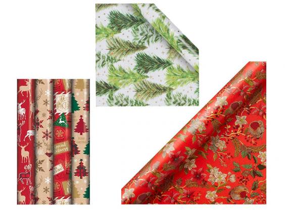 Eurowrap eight metre-long rolls of Christmas gift wrap, £9.99; Paperchase classic Christmas tree wrapping paper, £3.75; John Lewis & Partners Ruby tapestry gift wrap, £5.