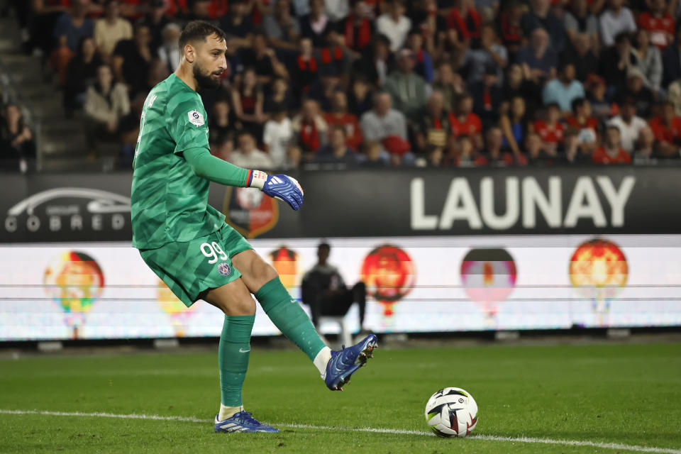 FILE - PSG goalkeeper Gianluigi Donnarumma kicks the ball during the French League One soccer match between Rennes and Paris Saint Germain, at the Roazhon Park Stadium, in Rennes, France, on Oct. 8, 2023. Paris Saint-Germain hosts AC Milan in the Champions League on Wednesday in a vital match for both teams. (AP Photo/Jeremias Gonzalez, File)