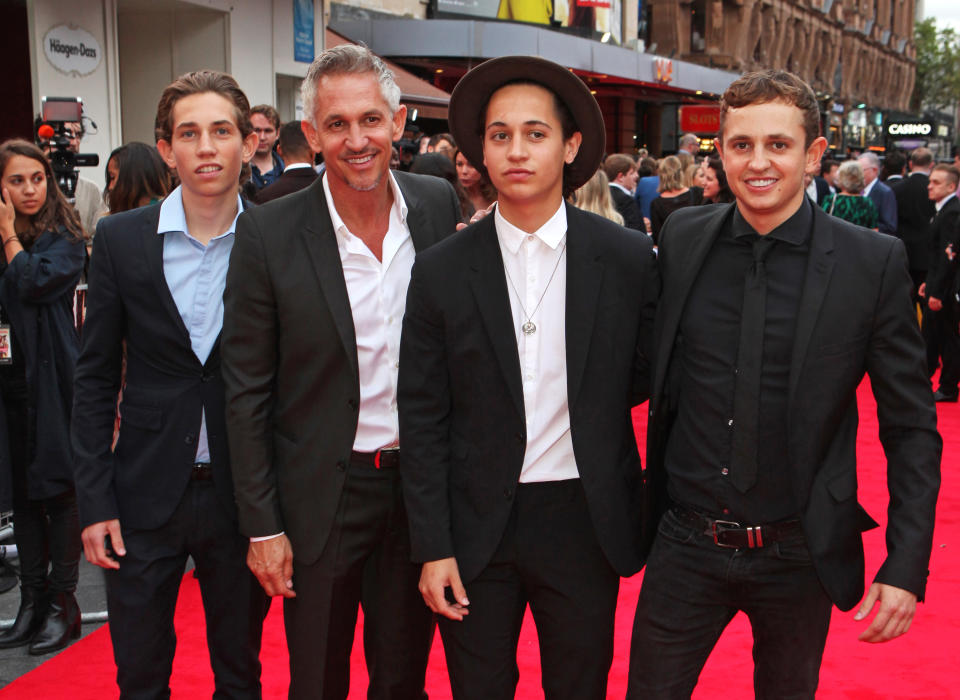 Gary Lineker (2L) and sons Angus Lineker, Tobias Lineker and George Lineker attend the World Premiere of 