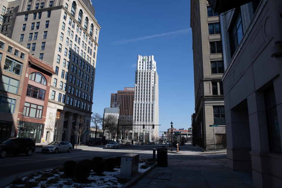 Flatiron Building at S. Main and E. Bowery , currently Cascade Plaza.