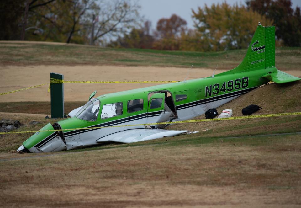 The scene of a small plane’s crash landing at Helfrich Golf Course in Evansville, Ind., Sunday afternoon, Oct. 30, 2022. 