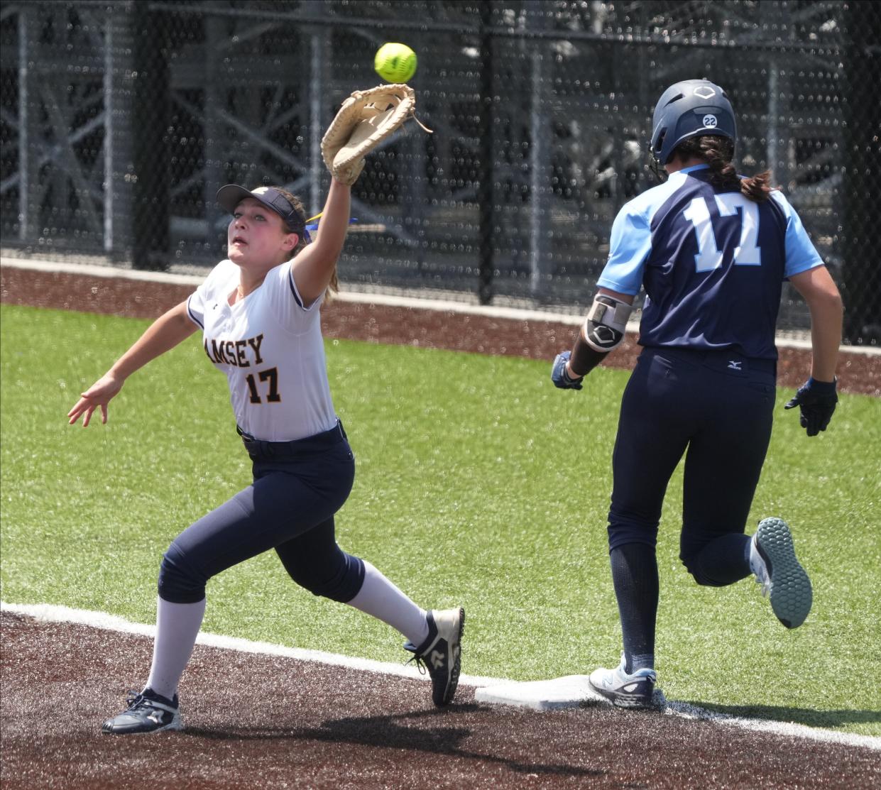 Wood-Ridge, NJ May 27, 2023 --  Uma Corcoran of Ramsey and Tali Locurto of IHA as Immaculate Heart Academy edged Ramsey 1-0 to win the Bergen County Softball Tournament.