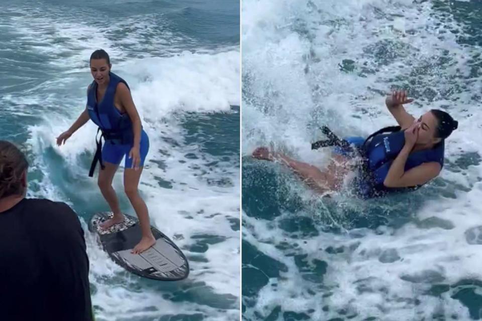 <p>Kim Kardashian/Instagram</p> Kim Kardashian posted blooper videos of her falling off a wakeboard on her Instagram Story Tuesday