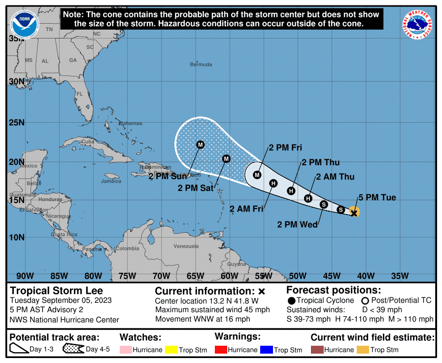 The 5 p.m. Sept. 5 tracking map for Tropical Storm Lee, which is expected to become a major hurricane.