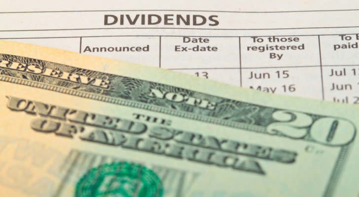 sheet of paper marked "dividends" with a $20 bill on top of it to represent dividend stocks