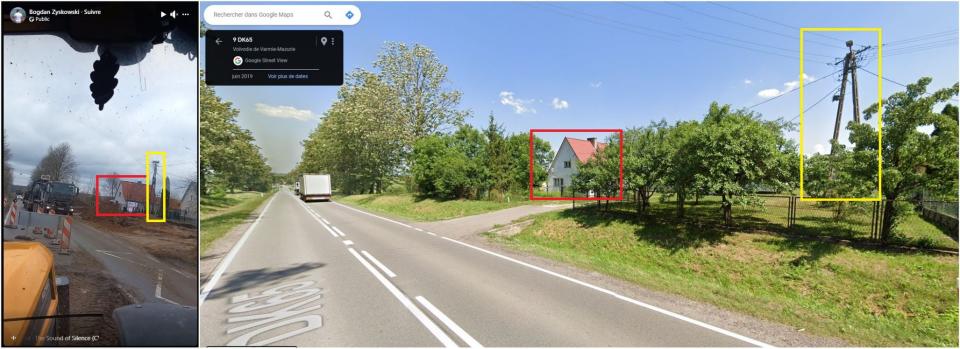 <span>Comparaison entre la vidéo partagée sur Facebook (à gauche) et Google Maps (à droite), captures d'écran réalisées le 24 avril 2024</span>