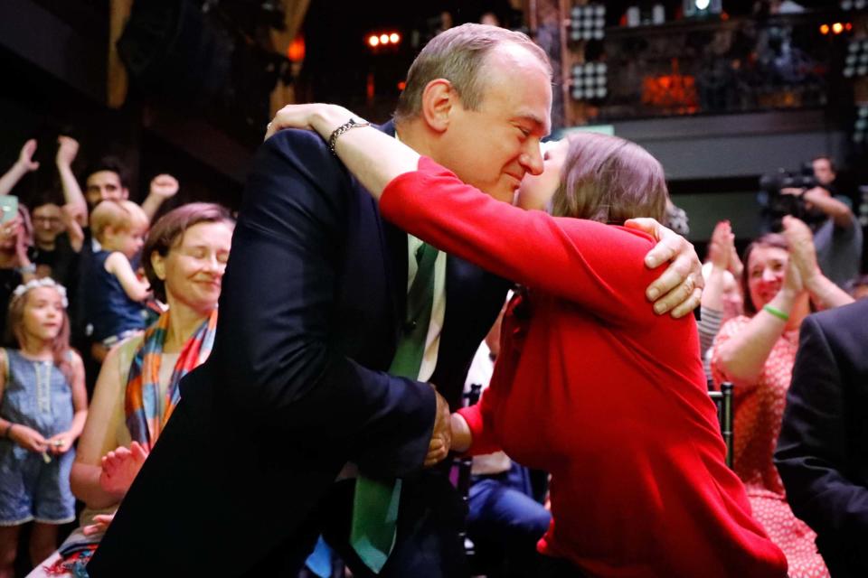 Ms Swinson is congratulated by her fellow leadership candidate Sir Ed Davey (AFP/Getty Images)