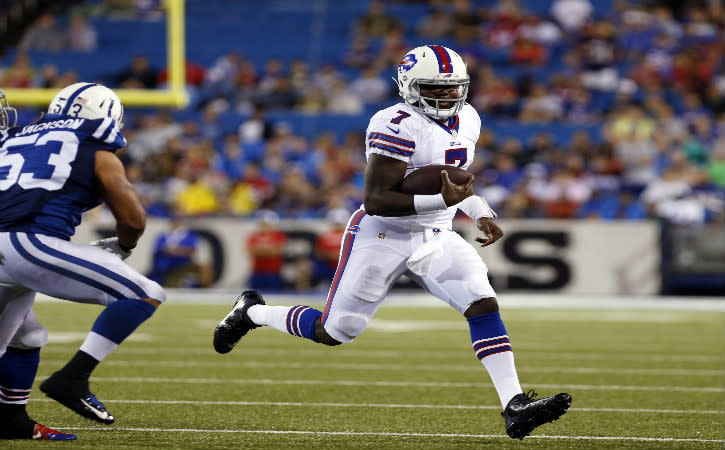 Aug 13, 2016; Orchard Park, NY, USA; Buffalo Bills quarterback Cardale Jones (7) runs with the ball during the second half against the Indianapolis Colts at Ralph Wilson Stadium. Colts beat the Bills 19-18. Mandatory Credit: Kevin Hoffman-USA TODAY Sports