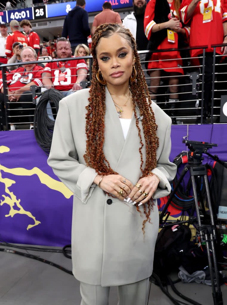 LAS VEGAS, NEVADA - FEBRUARY 11: Andra Day attends the Super Bowl LVIII Pregame at Allegiant Stadium on February 11, 2024 in Las Vegas, Nevada. (Photo by Kevin Mazur/Getty Images for Roc Nation)