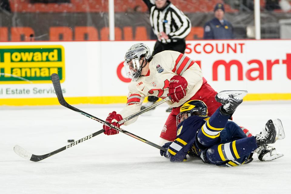 Joe Dunlap, shown here against Michigan on Feb. 18, scored Ohio State's only goal in Sunday's loss to Quinnipiac.