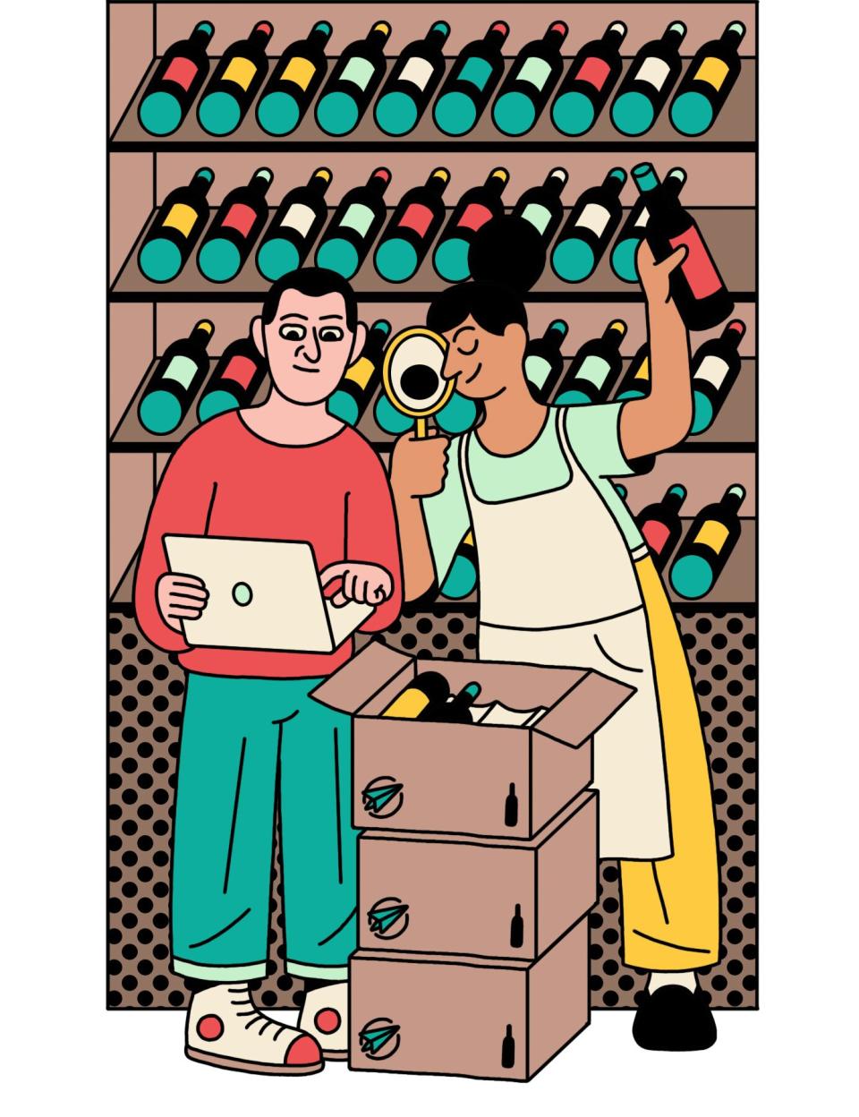 illustration of shopping at a wine store with a laptop in hand