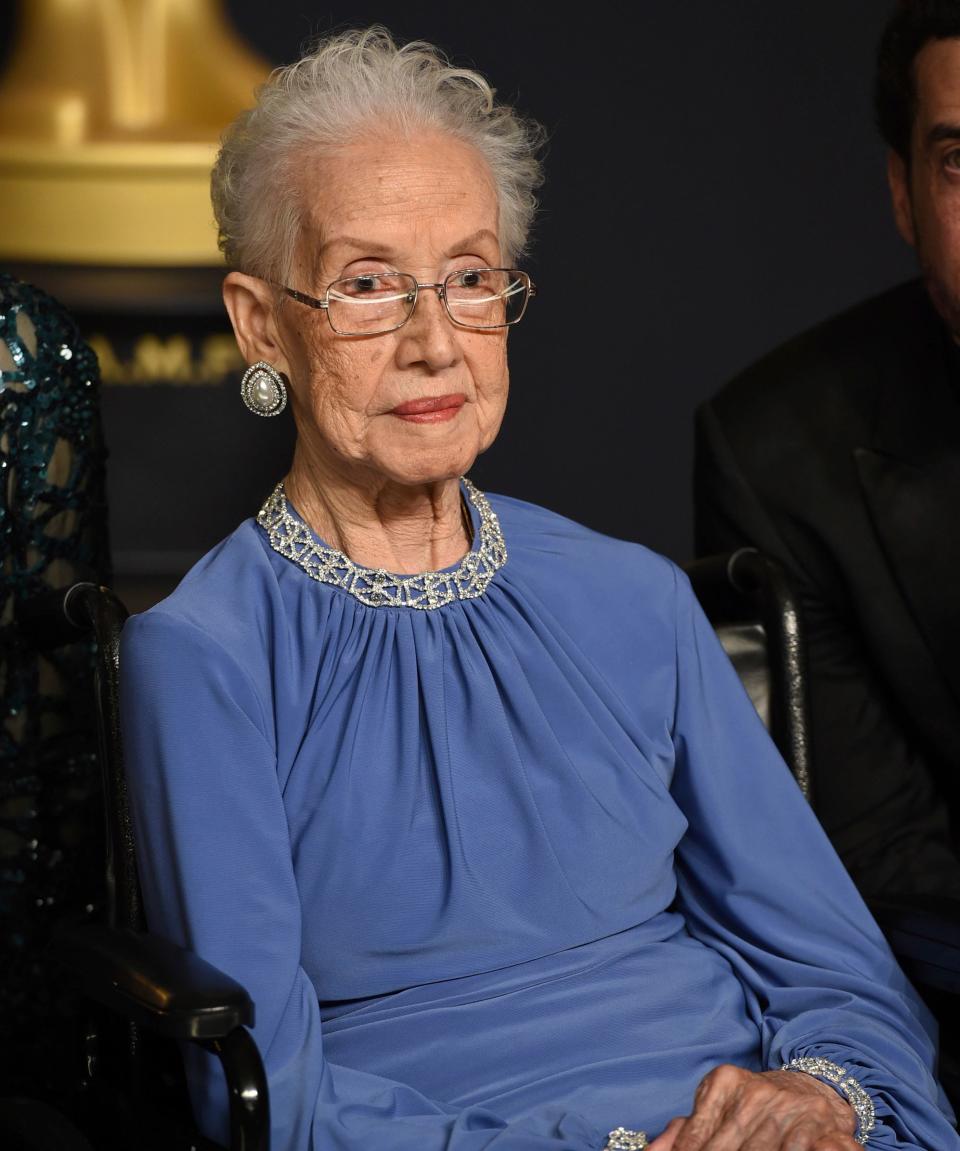 Katherine Johnson, the inspiration for the film "Hidden Figures," poses in the press room at the Oscars at the Dolby Theatre in Los Angeles