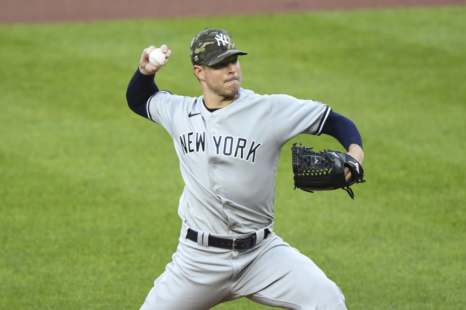 New York Yankees starting pitcher Corey Kluber throws during the first inning of a baseball game against the Baltimore Orioles on Friday, May 14, 2021, in Baltimore. (AP Photo/Terrance Williams)