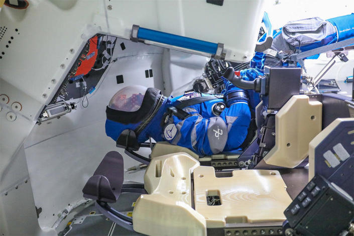 The Starliner is not carrying any passengers on its second test flight, but an instrumented mannequin in a Boeing pressure suit - Rosie the Rocketeer - will be used to collect data on accelerations, temperature, radiation and acoustics throughout the flight. / Credit: Boeing